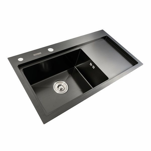 Кухонная мойка черная PVD 78*43 L Platinum Handmade (два отверстия, круглый сифон 3,0/0,8) 42230 фото