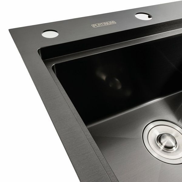Кухонная мойка черная PVD 78*43 L Platinum Handmade (два отверстия, круглый сифон 3,0/0,8) 42230 фото