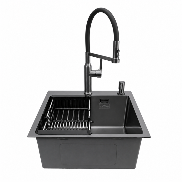 Комплект кухонної мийки Kroner KRP Schwarze 45х45HM PVD ST07 Grafite SL43374 фото