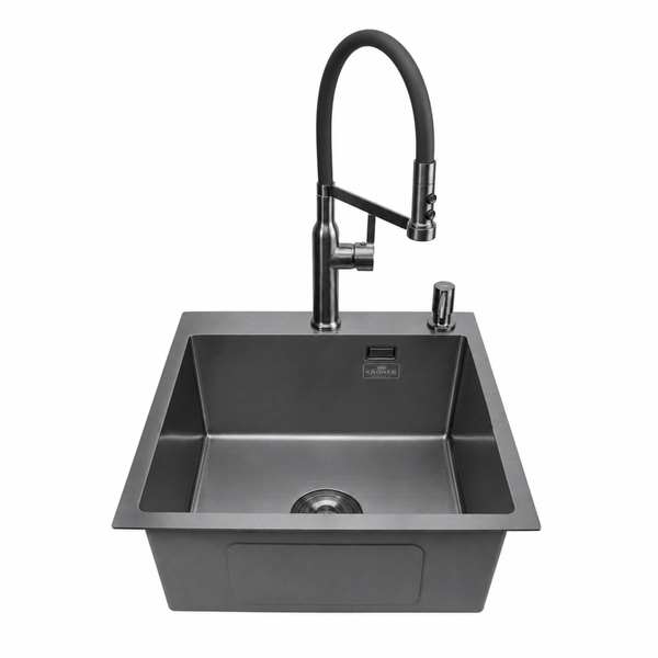 Комплект кухонної мийки Kroner KRP Schwarze 45х45HM PVD ST07 Grafite SL43374 фото