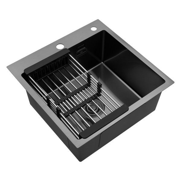 Комплект кухонної мийки Kroner KRP Schwarze 45х45HM PVD ST07 Grafite SL43374 фото