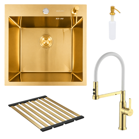 Комплект кухонної мийки Platinum 50*50 PVD ST4314 Gold SL2756 фото