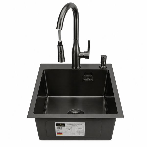 Комплект кухонної мийки Kroner KRP Schwarze 40х50HM PVD ST08 Grafite SL43821 фото