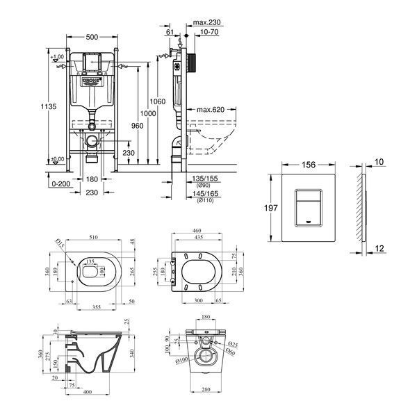 Комплект 4 в 1: Інсталяція Grohe Solido 2 в 1 38971000 + Панель змиву для унітаза Even Black 38966KV0 + Унітаз підвісний безобідковий Kroner Armada WHI513636 RIMLESS з сидінням Slim Duroplast / Soft-close / Quick relase KA513636WHIR (38971966KV0KA51R) CV036752 фото