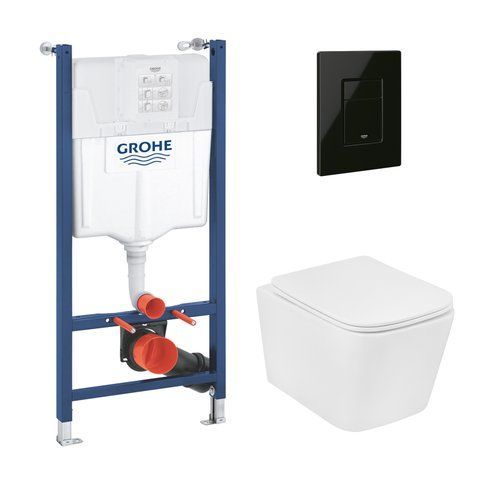 Комплект 4 в 1: Інсталяція Grohe Solido 2 в 1 38971000 + Панель змиву для унітаза Grohe Even Black 38966KV0 + Унітаз підвісний безобідковий Kroner Eifel WHI483429 TORNADO з сидінням Slim Duroplast / Soft-close / Quick relase KE483429WHIT(38971966KV0KE48T) CV036753 фото