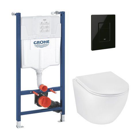 Комплект 4 в 1: Інсталяція Grohe Solido 2 в 1 38971000 + Панель змиву для унітаза Grohe Even Black 38966KV0 + Унітаз безободковий Kroner Harz WHI493736 RIMLESS з сидінням Slim Duroplast / Soft-close / Quick relase KH493736WHIR (38971966KV0KH49R) CV036755 фото