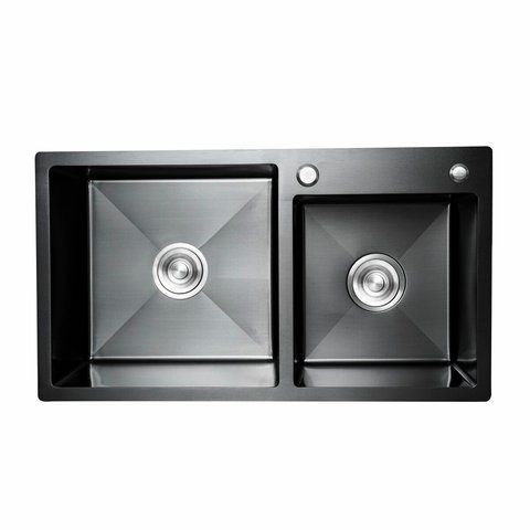 Кухонна мийка 78*43 PVD чорна на дві чаші Platinum Handmade HDB (круглий сифон, 3.0/0.8) 42631 фото