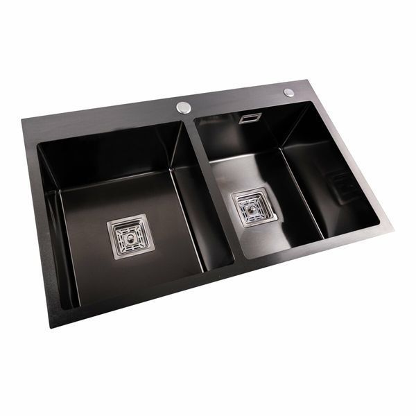 Кухонная мойка Platinum Handmade PVD HDB черная 780х480х230 на две чаши (квадратный сифон, 3.0/1.0) 36734 фото