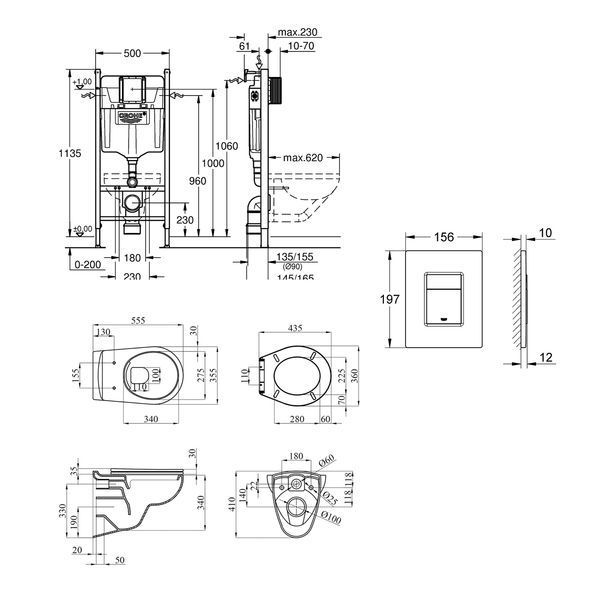 Комплект 4 в 1: Інсталяція Grohe Solido 2 в 1 38971000 + Панель змиву для унітаза Grohe Even Black 38966KV0 + Унітаз безободковий Kroner Oker WHI533536 RIMLESS з сидінням Slim Duroplast / Soft-close / Quick relase KO533536WHIR (38971966KV0KO53R) CV036756 фото