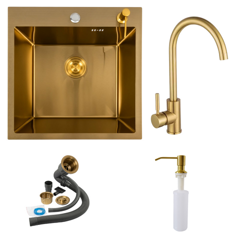 Комплект кухонної мийки Platinum Handmade 50*50 PVD Gold pl23555 фото