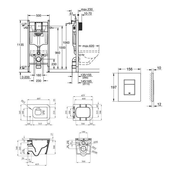 Комплект 4 в 1: Інсталяція Grohe Solido 2 в 1 38971000 + Панель змиву для унітаза Grohe Even 389662430 + Унітаз підвісний безобідковий Kroner Eifel WHI483429 TORNADO з сидінням Slim Duroplast / Soft-close / Quick relase KE483429WHIT(38971966243KE48T) CV036759 фото