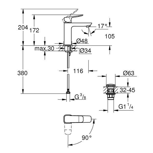 Змішувач для раковини Grohe QuickFix Dice ES M-Size 1018362430 з донним клапаном CV036192 фото