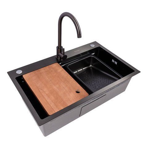 Мийка кухонна нержавіюча сталь PVD чорна Work station для кухні VALESO CM 75*46B Handmade 3.0/0.8 50068 фото