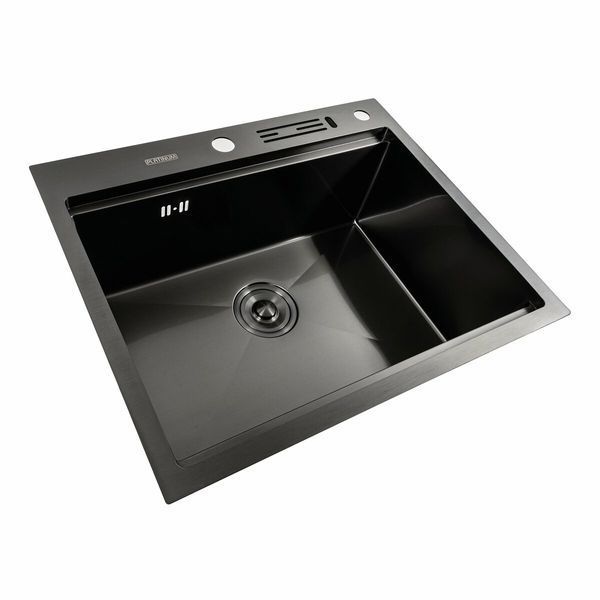 Кухонна мийка чорна PVD 60х50 з підставкою для ножів + Подарунок сифон круглий та дозатор 42221 фото