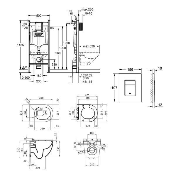 Комплект 4 в 1: Инсталляция Grohe Solido 2 в 1 38971000 + Панель смыва для унитаза Grohe Even 389662430 + Унитаз подвесной безобедочный Kroner Harz WHI493736 RIMLESS с сидением Slim Duroplast /Soft (38971966243KH49R) CV036761 фото