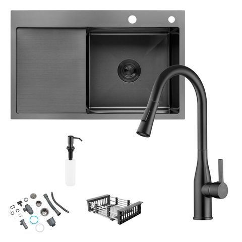 Комплект кухонної мийки Kroner KRP Schwarze 78х49HM PVD ST08 Grafite SL48543 фото