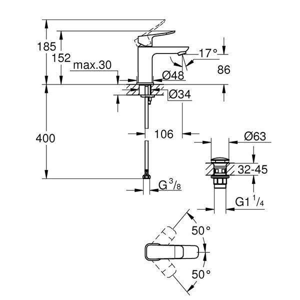Змішувач для раковини Grohe QuickFix Dice S-Size 1018572430 з донним клапаном CV036200 фото