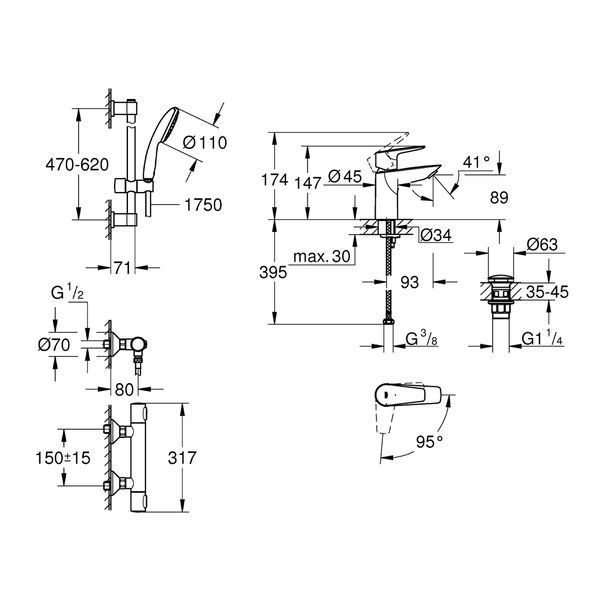 Набір змішувачів Grohe Quickfix термостат для душу з душовим гарнітуром Precision Flow THM та змішувач для раковини StartEdge S-Size UA202503TE CV030628 фото