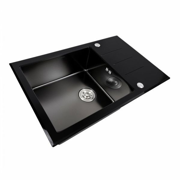 Кухонна мийка скляна CM 78*50 PVD Platinum Handmade чорна 44567 фото