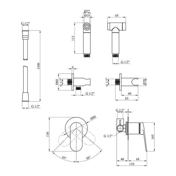 Набір для гігієнічного душу зі змішувачем Kroner Element 211234-3801 CV035993 фото