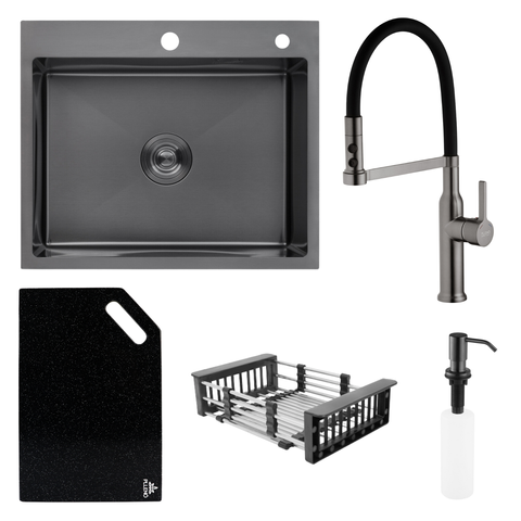 Комплект кухонної мийки Kroner KRP Schwarze 60х50HM PVD Kitchen Line Grafite SL43844 фото