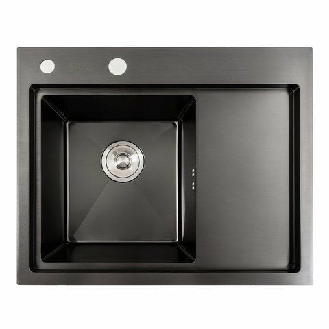 Кухонная мойка черная PVD 58*48 L Platinum Handmade (два отверстия, круглый сифон 3,0/0,8) 42226 фото