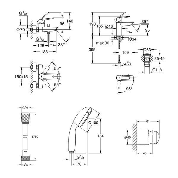 Набор смесителей 3 в 1 для ванной комнаты Grohe QuickFix Start Black UA303301SQ CV032757 фото