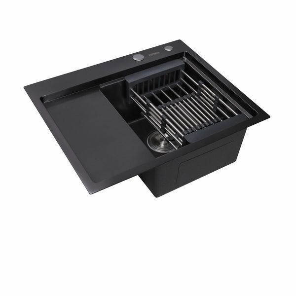 Кухонна мийка Platinum Handmade PVD 580х480х220 R чорна (товщина 3,0/1,5 мм корзина та дозатор в комплекті) 23587 фото