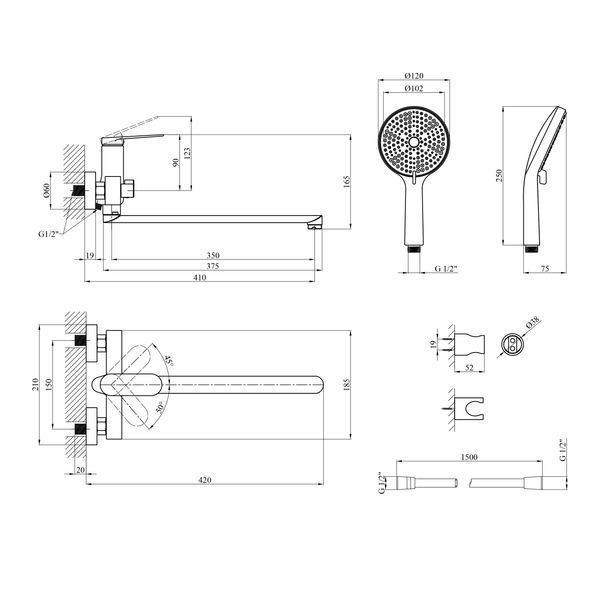 Змішувач для ванни Kroner Element 211414-3801 CV035958 фото